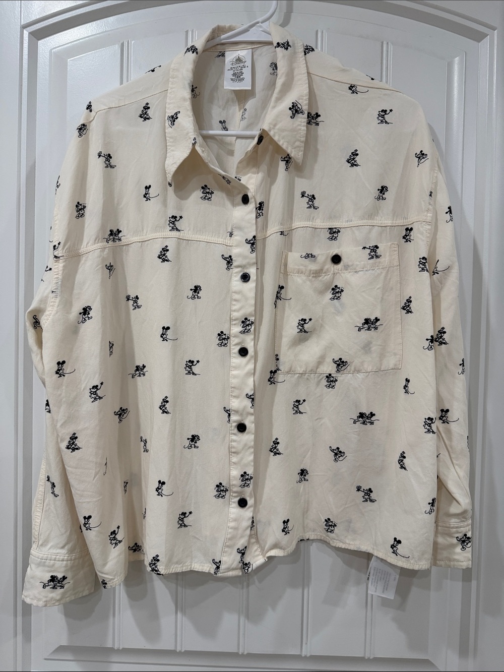 NWOT Disney Cream Button-Up Shirt with Black Mickey Motif Steamboat Willy